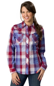 Roper® Womens Red, White and Blue Plaid with Silver Lurex and Embroidery Long Sleeve Western Shirt