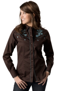 Roper® Women's Brown w/ Turquoise Floral Embroidery Long Sleeve Retro Western Shirt