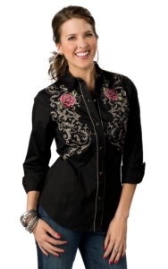 Roper® Womens Black Old West with Rose Embroidery and Screen Print Long Sleeve Retro Western Shirt