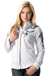 Roper® Women's White Old West with Black Embroidery Long Sleeve Retro Western Shirt