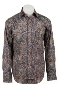 Stetson® Men's Brown, Blue & Gold Paisley Print Long Sleeve Western Snap Shirt 04250130BR
