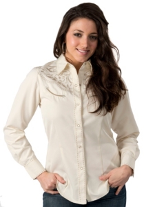 Roper® Women's Cream w/ Silver Embroidery Long Sleeve Retro Western Shirt