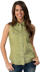 Roper® Women's Lime Green & White Floral Print Sleeveless Western Shirt