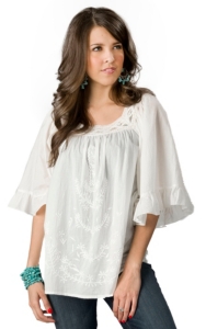 Roper® Womens White with Embroidery and Square Crochet Neckline 3/4 Sleeve Peasant Fashion Top