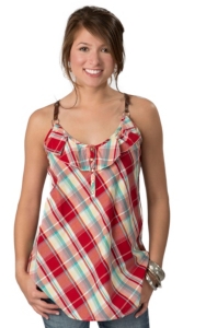 Roper® Women's Red Plaid Ruffle Front with Faux Leather Straps Sleeveless Fashion Top