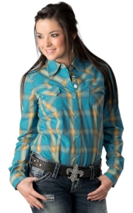 Roper Women's Turquoise and Yellow Plaid Long Sleeve Western Shirt