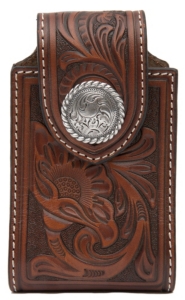 Nocona® Brown Leather Tooled Floral w/ Round Concho Cell Phone Case w/ 360 Clip