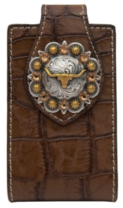 Nocona® Brown Leather Croc Print with Longhorn Concho iPhone Case w/ 360 Clip