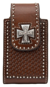 Nocona® Brown Leather Tooled Basket Weave with Cross Concho iPhone Case w/ 360 Clip