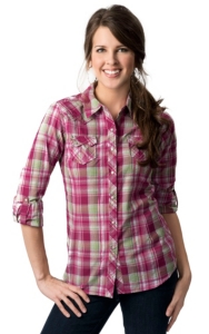 Ariat® Women's Inger Pink and Green Plaid with Lurex Long Sleeve Western Shirt