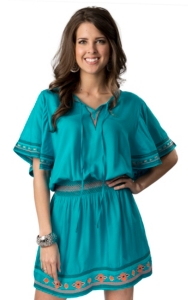 Ariat® Women's Bluebird Blue Aztec Embroidered and Smocked Short Sleeve Dress