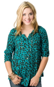 Ariat® Women's Turquoise Leopard Print Button Down 3/4 Sleeve Fashion Top