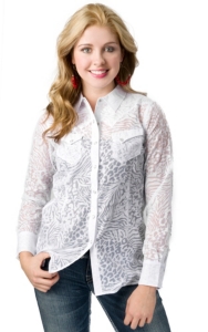 Angie® Women's White Animal Burnout Long Sleeve Western Shirt