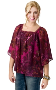 Ariat® Women's Libby Pink and Maroon Paisley with Lace Trim Sheer 3/4 Sleeve Fashion Top