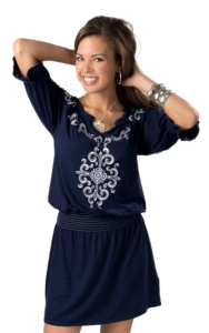Ariat® Women's Cassie Navy with White Embroidered and Smocked Waistband 3/4 Sleeve Dress