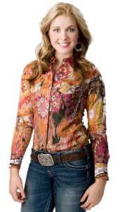 Ariat® Women's Pink and Orange Floral Print Long Sleeve Western Shirt