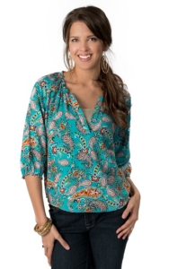 Ariat® Women's Susie Turquoise with Floral Paisley Print 3/4 Sleeve Fashion Top