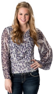 R. Rouge® Women's Purple and Grey Leopard Smocked Waist with Sheer Long Sleeves Fashion Top