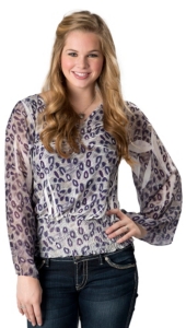 R. Rouge® Women's Purple and Grey Leopard Smocked Waist with Sheer Long Sleeves Fashion Top - Plus Sizes