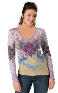 In Vein® Women's Purple w/ Multicolor Winged Fleur De Lis Print Long Sleeve V-Neck Tee