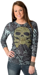R. Rouge® Women's Aqua, Lime and Navy Paisley Skull Long Sleeve Embellished Tee