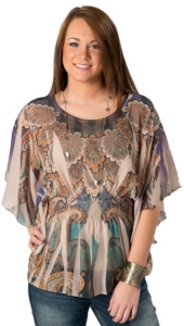 R. Rouge® Women's Tan, Purple and Teal Paisley Elastic Waist Short Sleeve Sheer Fashion Top