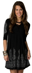 Jody® Women's Black w/ Grey Scroll Print & Rhinestones 3/4 Sleeve Dress