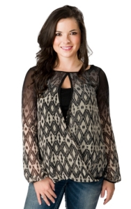Vintage Havana® Women's Black & Cream Diamond Print Chiffon Twist Long Sleeve Sheer Fashion Top