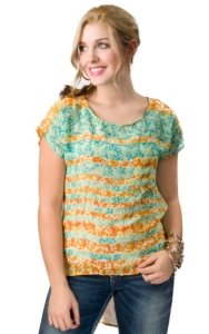 Vintage Havana® Women's Orange and Turquoise Floral Striped Chiffon Short Sleeves Fashion Top