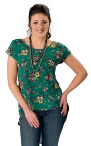 Vintage Havana® Women's Green Floral Short Sleeve HiLo Chiffon Fashion Top