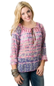 Vintage Havana® Women's Pink and Purple Floral Striped Chiffon Long Sleeves Tie Front Fashion Top