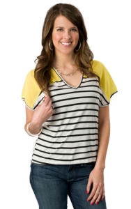 Vintage Havana® Women's White and Black Striped with Yellow Chiffon Short Sleeve Fashion Top