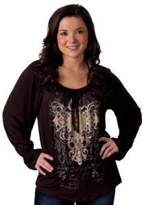 Jody® Women's Brown with Cross and Rhinestones Long Sleeve Fashion Top