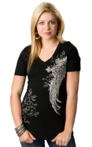 R. Rouge® Women's Black Winged Crosses Short Sleeve V-Neck Tee