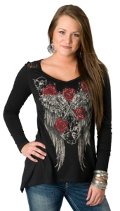 Jody® Women's Black w/ Crossed Pistols, Wings & Roses Long Sleeve Tee