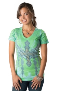 R. Rouge® Women's Green with Blue and Grey Winged Cross Rhinestones Short Sleeve Embellished Tee