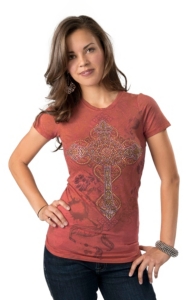 R. Rouge® Women's Coral with Rhinestoned Cross Sleeve Embellished Tee