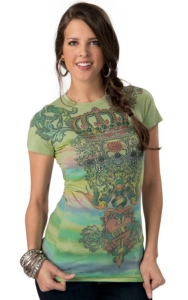 R. Rouge® Women's Yellow and Orange with Winged Fleur de LIs Rhinestones Sleeve Embellished Tee