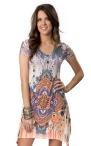 R. Rouge® Ladies White, Purple and Orange Sublimation with Rhinestones Short Sleeve Dress
