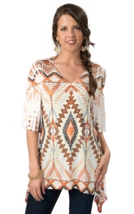 R. Rouge® Women's Cream, Orange and Brown Tribal 3/4 Tunic Fashion Top