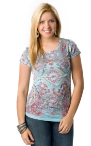 R. Rouge® Women's Turquoise with Aztec and Paisley Print Short Sleeve Embellished Burnout Tee