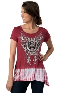 R. Rouge® Women's Red and White Tie Dye with Black Scrolling Short Sleeve Fashion Top