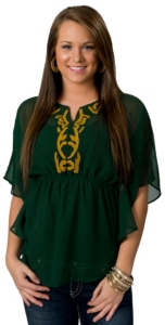Fashion Spy® Game Day™ Women's Green with Gold Sheer Dolman Sleeves Fashion Top