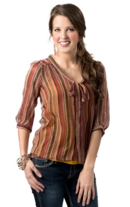 Fashion Spy® Women's Red and Mustard Zig Zag Sheer with Tie 3/4 Fashion Top