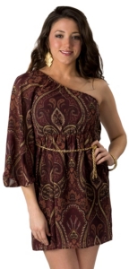 Fashion Spy® Maroon & Rust Paisley Print One Shoulder Dress