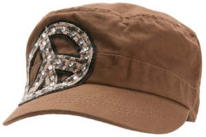 M&F® Brown w/ Leopard Peace Sign & Crystals Military Style Cap