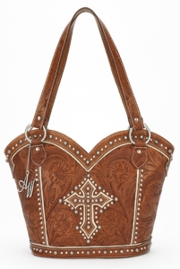 American West® Ladies Boot Scoot Boogie Brown with Studded Cross Zip Top Handbag