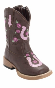 Roper® Infants Chocolate w/ Pink Horseshoe & Flowers Square Toe Western Boots