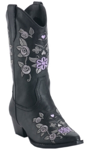 Roper® Rockstar™ Kids Black w/ Purple & Grey Floral Embroidery Snip Toe Western Fashion Boots