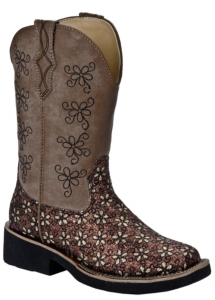 Roper® Kids Brown Daisy Glitter Square Toe Western Boots